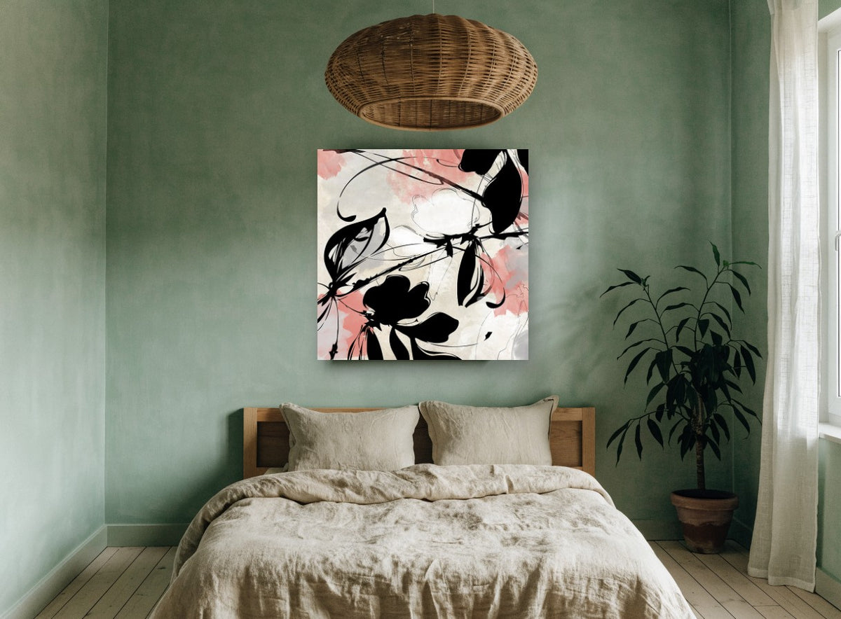 Coral Ink Blooms floral canvas print on the wall of a bedroom