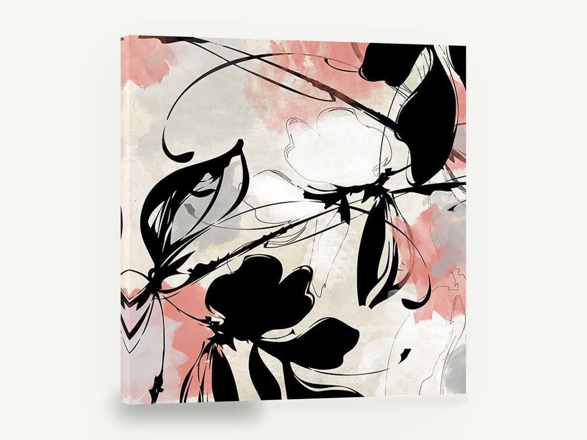 Coral Ink Blooms, black ink floral abstract coral, floral canvas wall art print ready to hang
