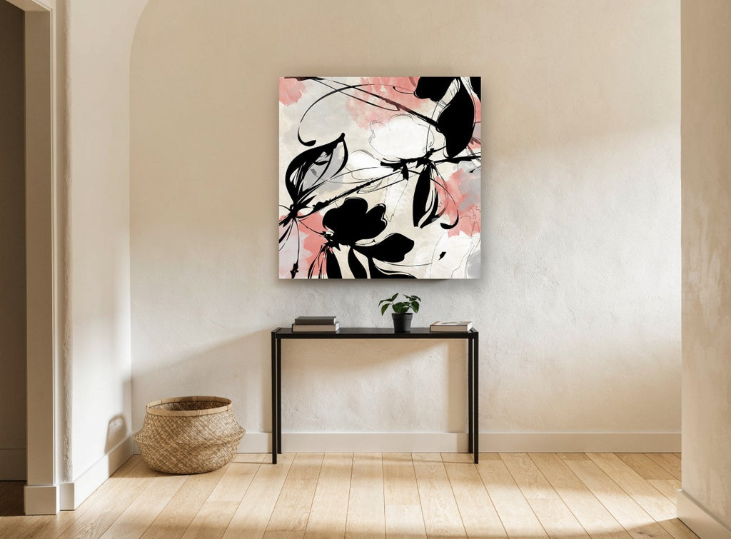 Coral Ink Blooms floral canvas print on the wall of a hallway