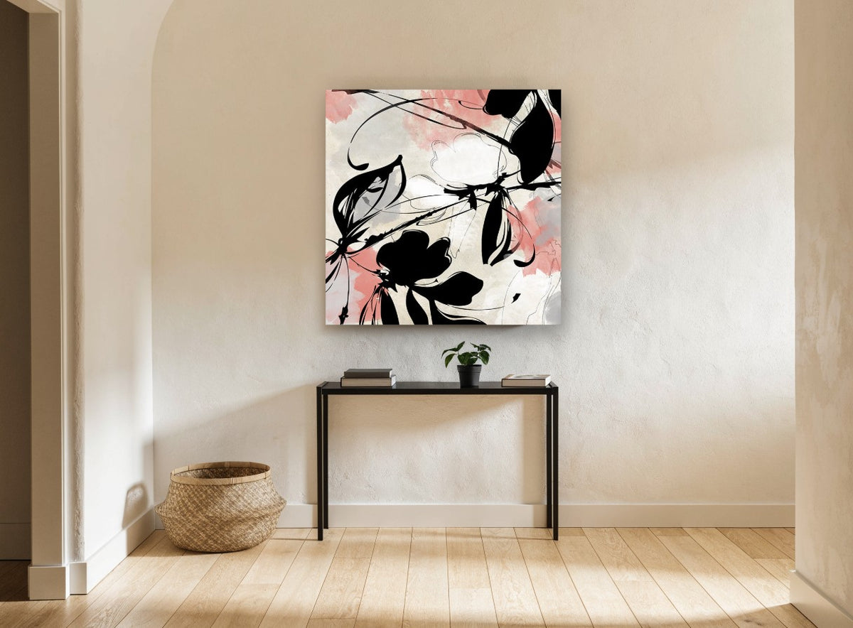 Coral Ink Blooms floral canvas print on the wall of a hallway