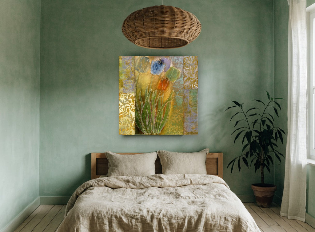 Gilded Tulip Patchwork floral canvas print on the wall of a bedroom