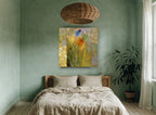 Gilded Tulip Patchwork floral canvas print on the wall of a bedroom