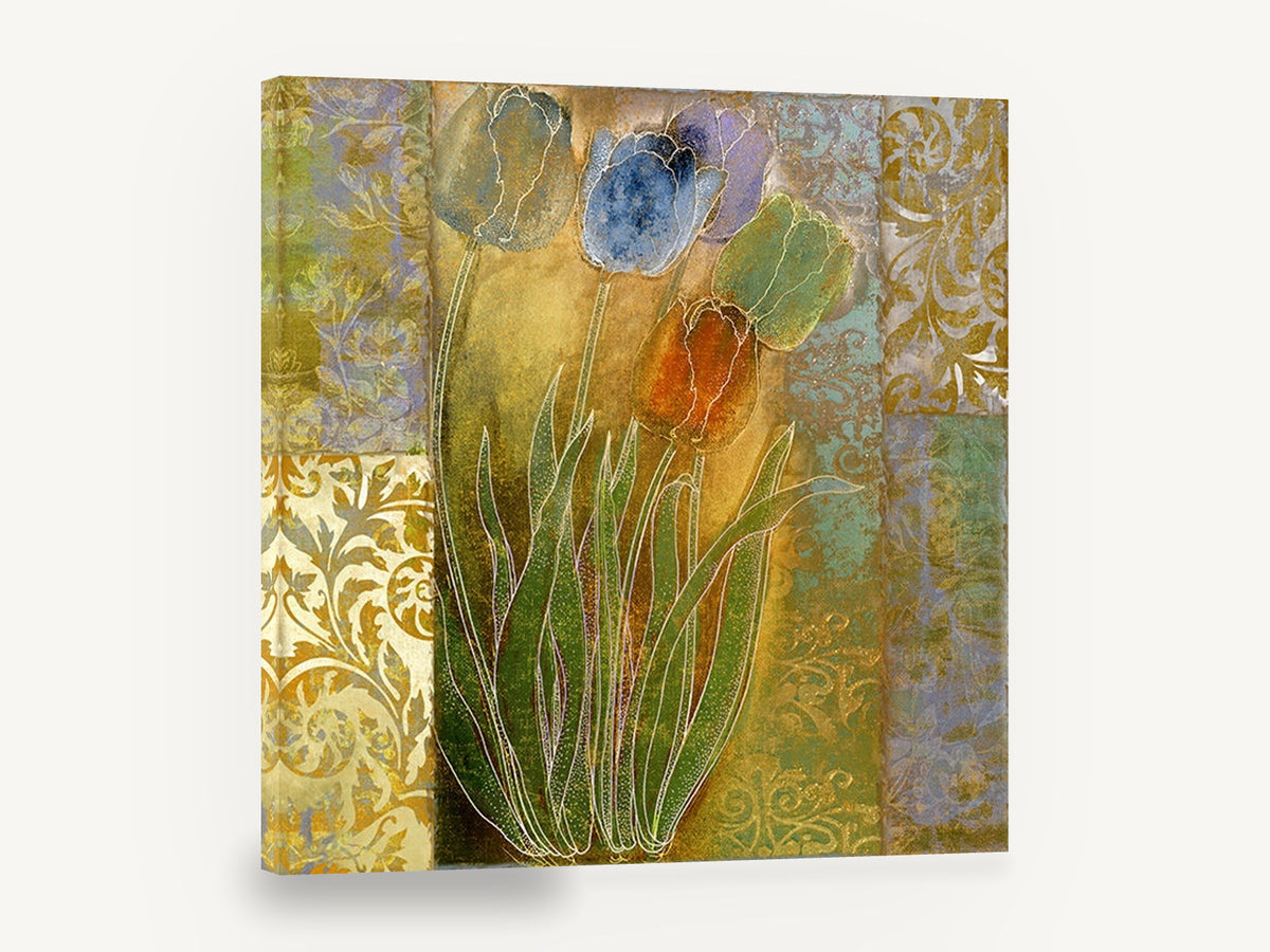 Gilded Tulip Patchwork, tulips on gold damask patchwork, floral canvas wall art print ready to hang