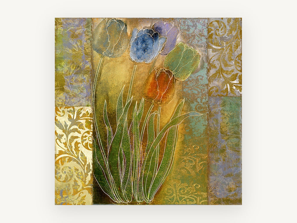 Gilded Tulip Patchwork, floral canvas wall art print, front view