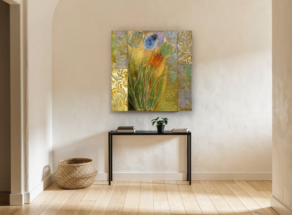 Gilded Tulip Patchwork floral canvas print on the wall of a hallway