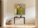Gilded Tulip Patchwork floral canvas print on the wall of a hallway