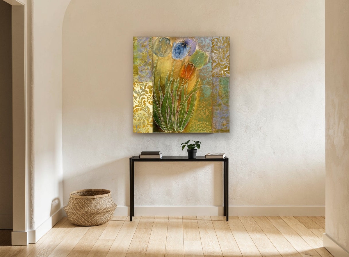 Gilded Tulip Patchwork floral canvas print on the wall of a hallway