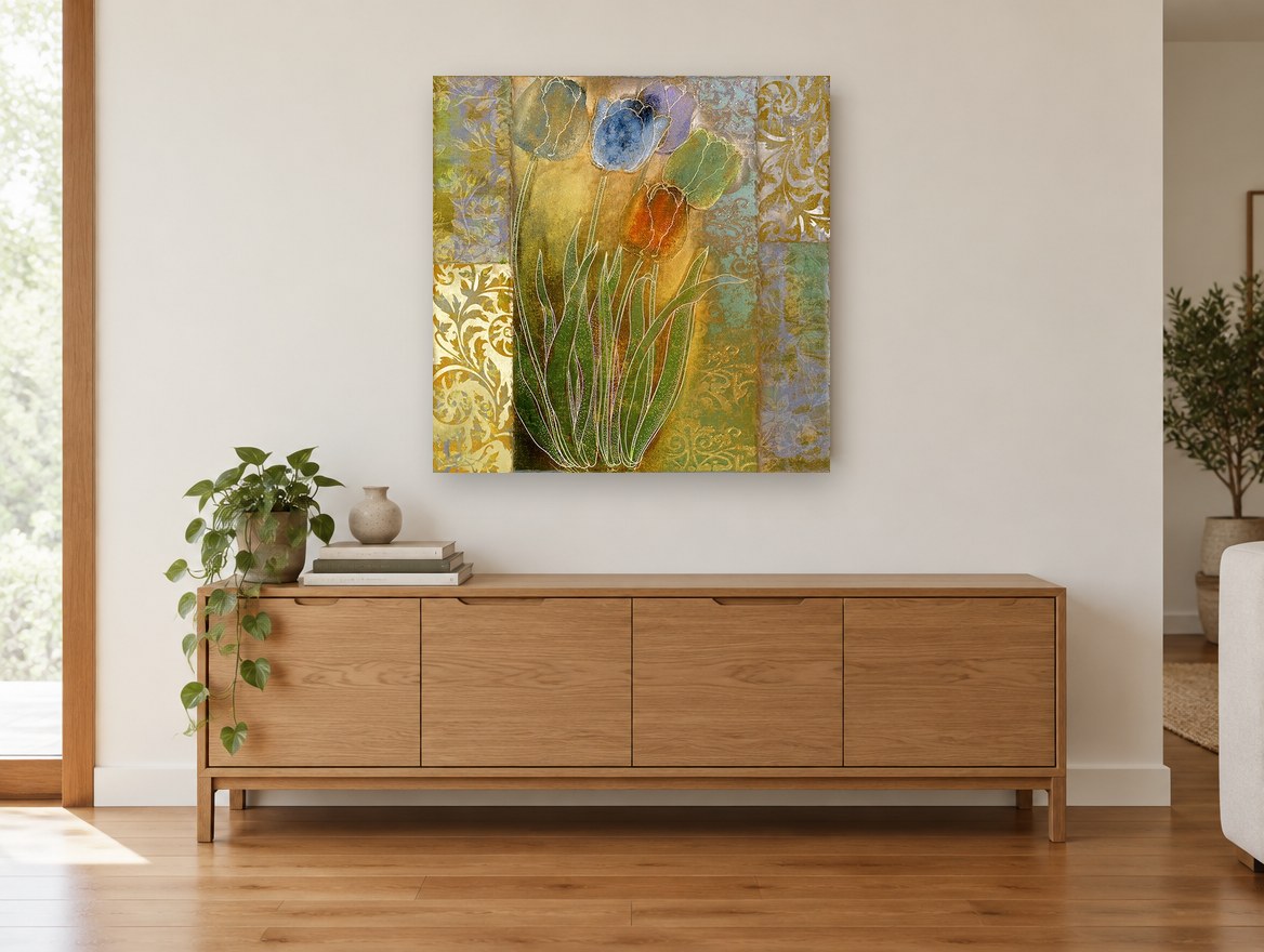 Gilded Tulip Patchwork floral canvas print on the wall of a living room above a sideboard