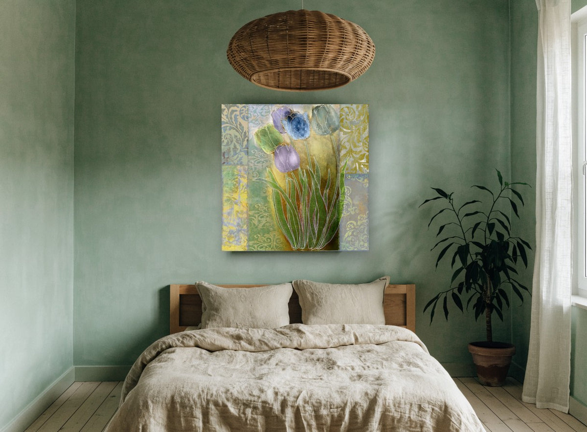 Damask Tulip Quintet floral canvas print on the wall of a bedroom