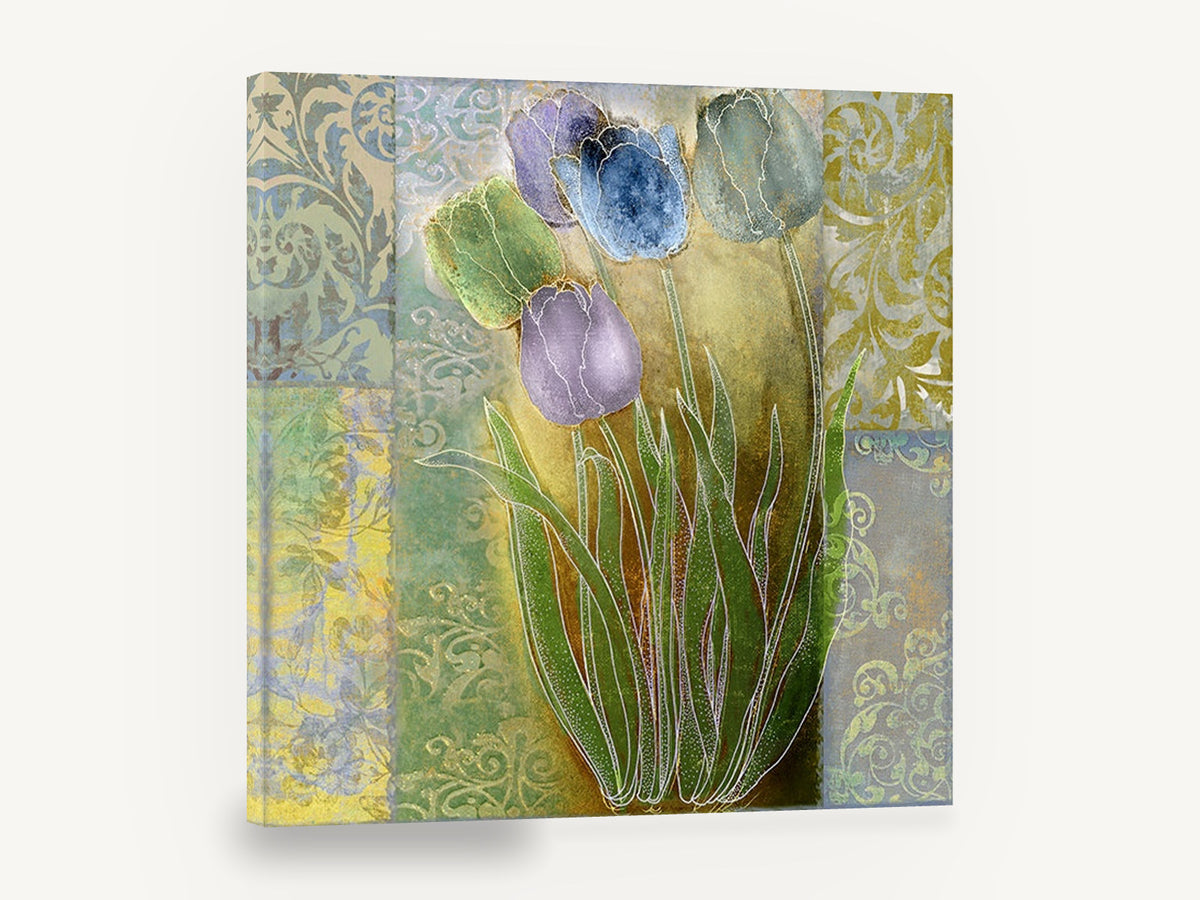 Damask Tulip Quintet, blue purple tulips damask pattern art, floral canvas wall art print ready to hang