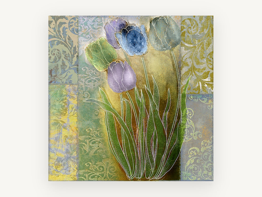 Damask Tulip Quintet, floral canvas wall art print, front view