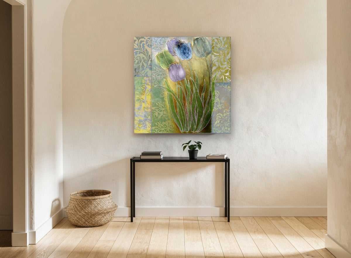 Damask Tulip Quintet floral canvas print on the wall of a hallway