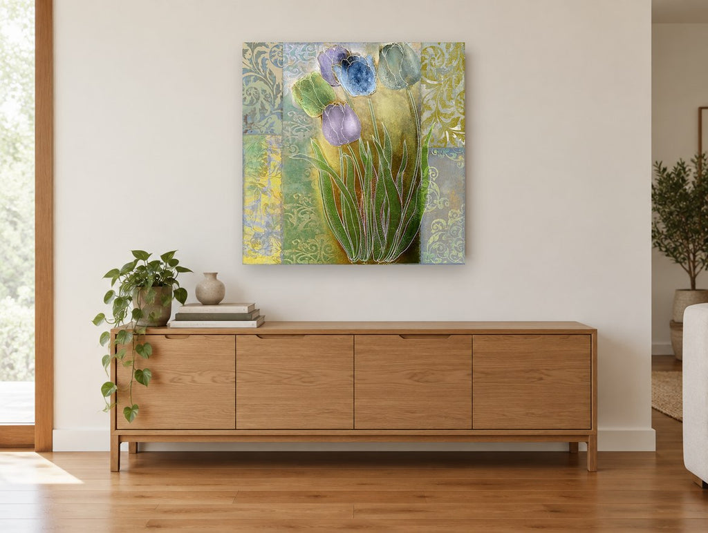 Damask Tulip Quintet floral canvas print on the wall of a living room above a sideboard