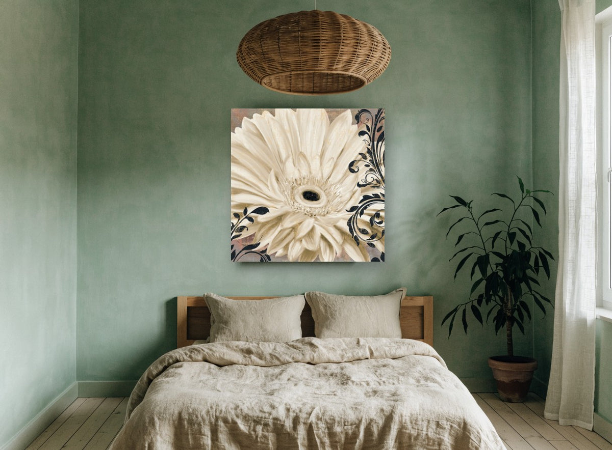Ivory Gerbera Flourish floral canvas print on the wall of a bedroom