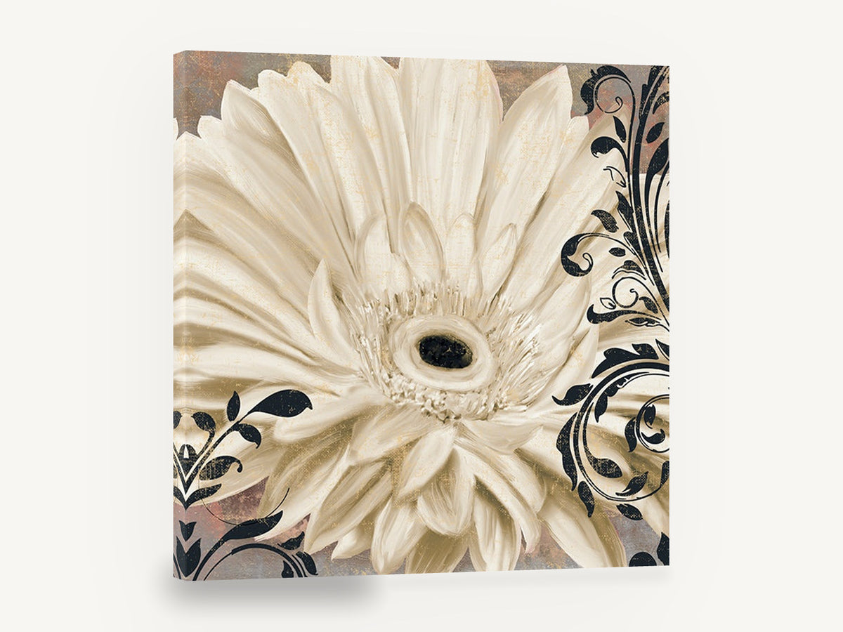 Ivory Gerbera Flourish, cream gerbera daisy black scrollwork art, floral canvas wall art print ready to hang