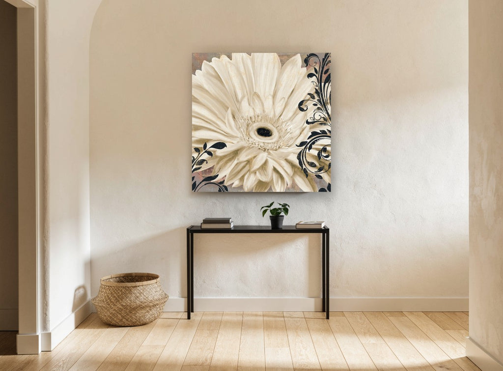 Ivory Gerbera Flourish floral canvas print on the wall of a hallway