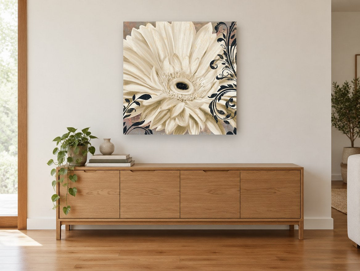 Ivory Gerbera Flourish floral canvas print on the wall of a living room above a sideboard