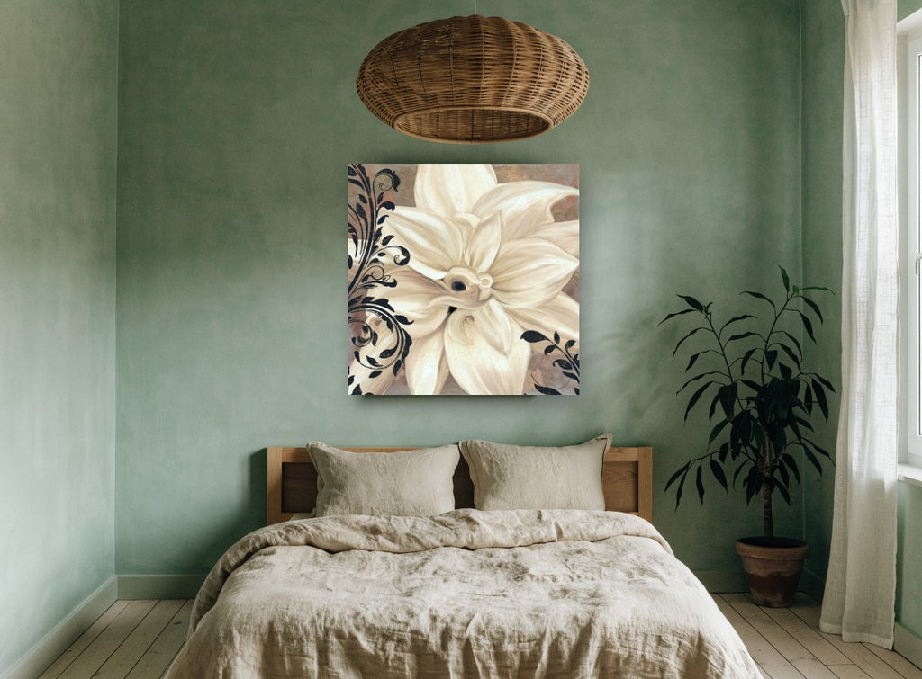 Ivory Bloom Scrollwork floral canvas print on the wall of a bedroom