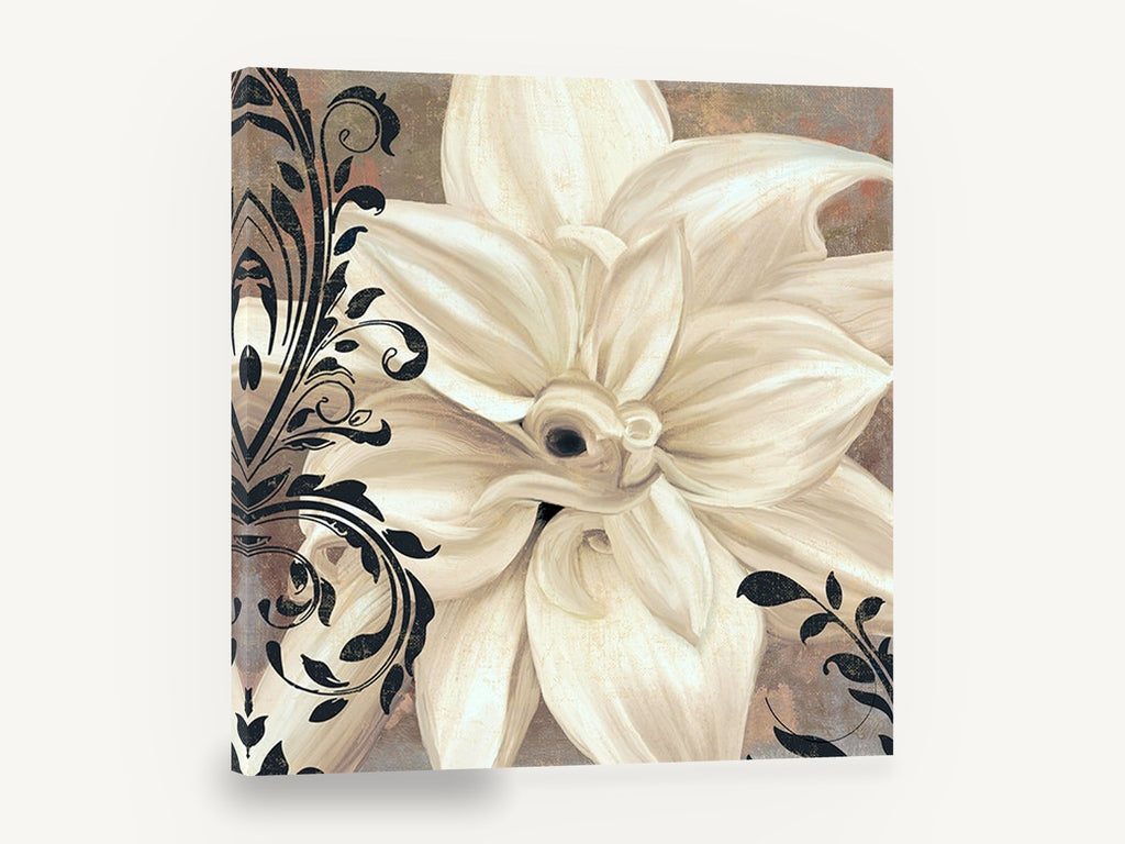 Ivory Bloom Scrollwork, cream lily black scroll floral, floral canvas wall art print ready to hang