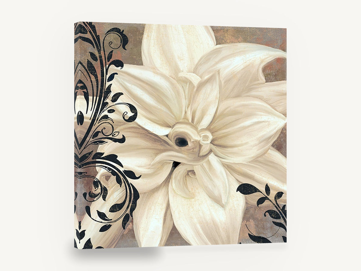 Ivory Bloom Scrollwork, cream lily black scroll floral, floral canvas wall art print ready to hang