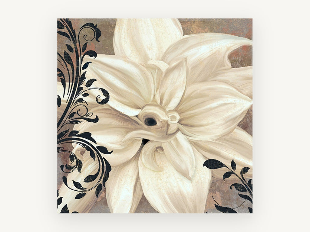 Ivory Bloom Scrollwork, floral canvas wall art print, front view