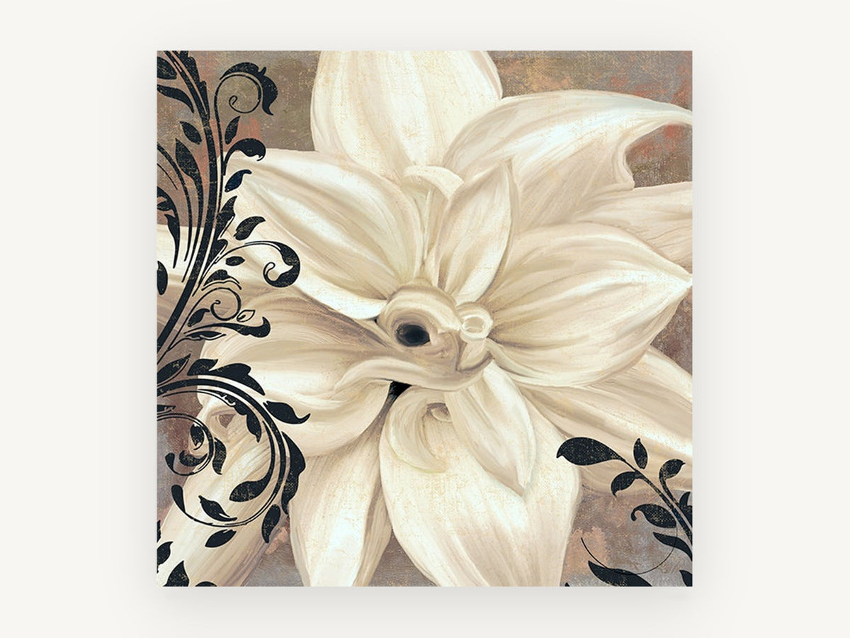 Ivory Bloom Scrollwork, floral canvas wall art print, front view