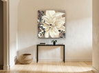 Ivory Bloom Scrollwork floral canvas print on the wall of a hallway