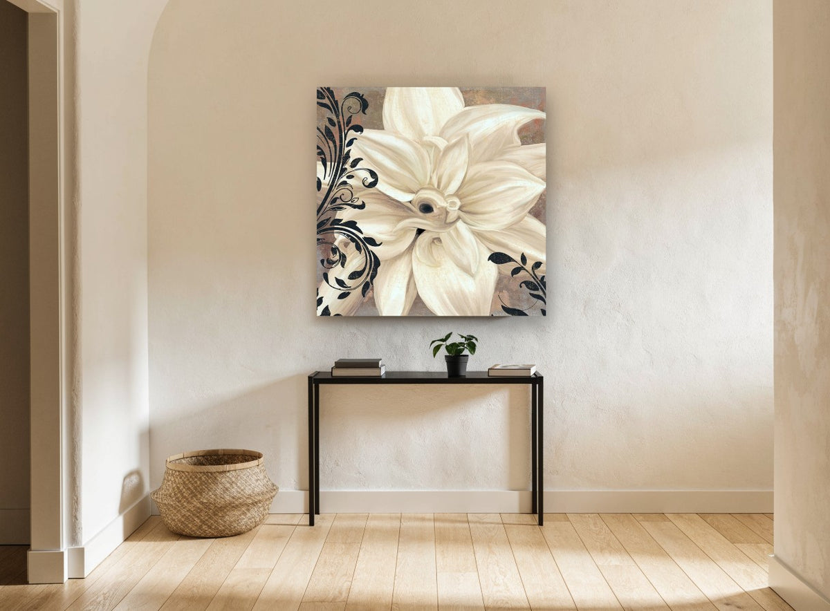 Ivory Bloom Scrollwork floral canvas print on the wall of a hallway