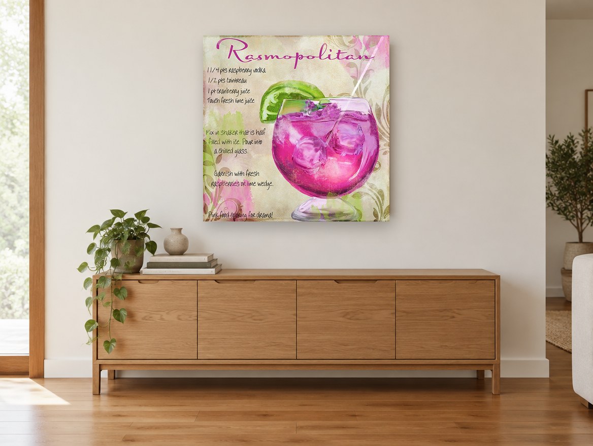Pink Rasmopolitan Recipe kitchen canvas print on the wall of a living room above a sideboard