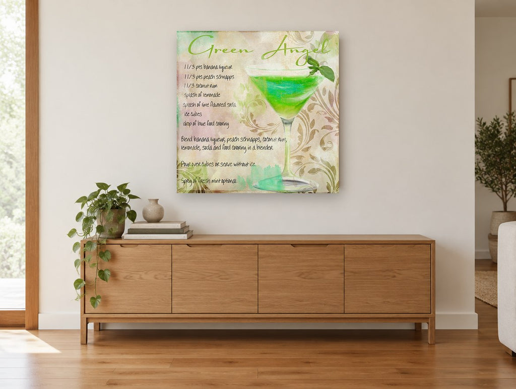 Green Angel Cocktail Recipe kitchen canvas print on the wall of a living room above a sideboard