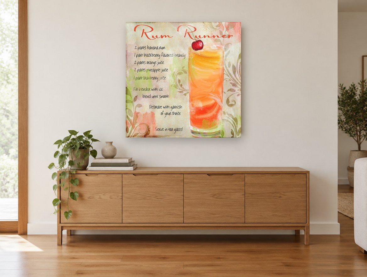Rum Runner Recipe kitchen canvas print on the wall of a living room above a sideboard
