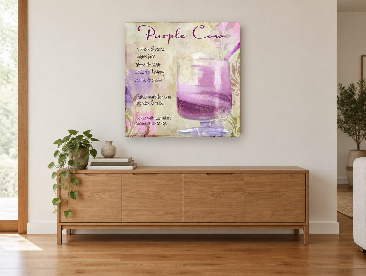 Purple Cow Cocktail Recipe kitchen canvas print on the wall of a living room above a sideboard