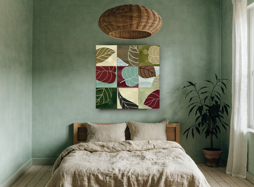 Leaf Patchwork Grid floral canvas print on the wall of a bedroom