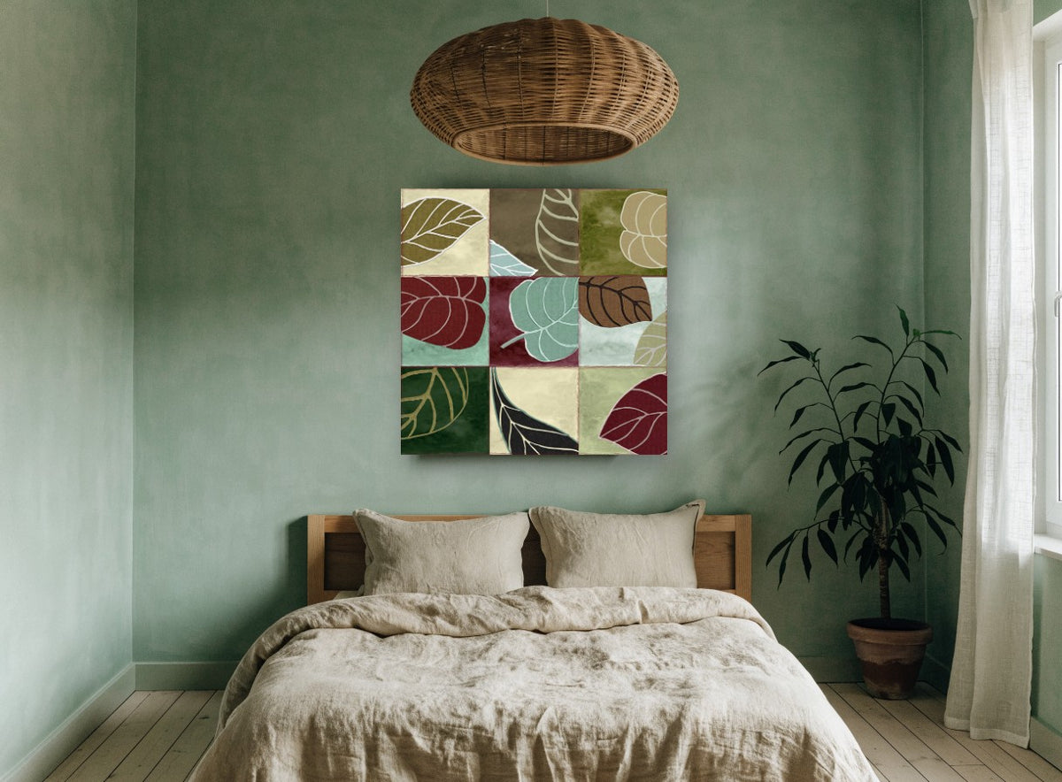 Leaf Patchwork Grid floral canvas print on the wall of a bedroom