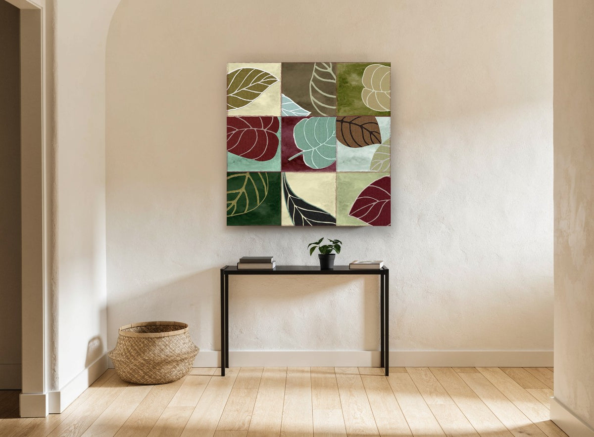 Leaf Patchwork Grid floral canvas print on the wall of a hallway