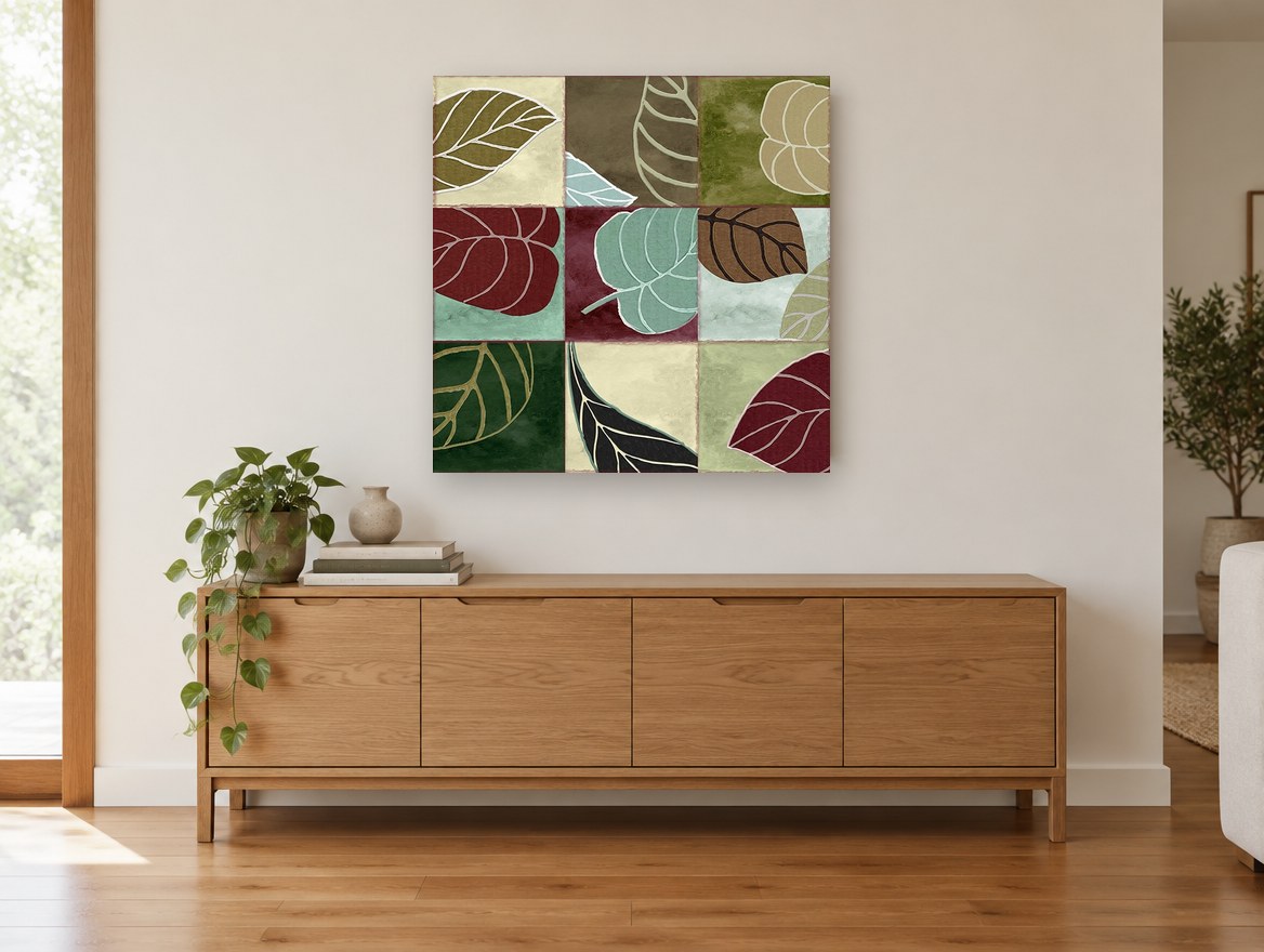 Leaf Patchwork Grid floral canvas print on the wall of a living room above a sideboard