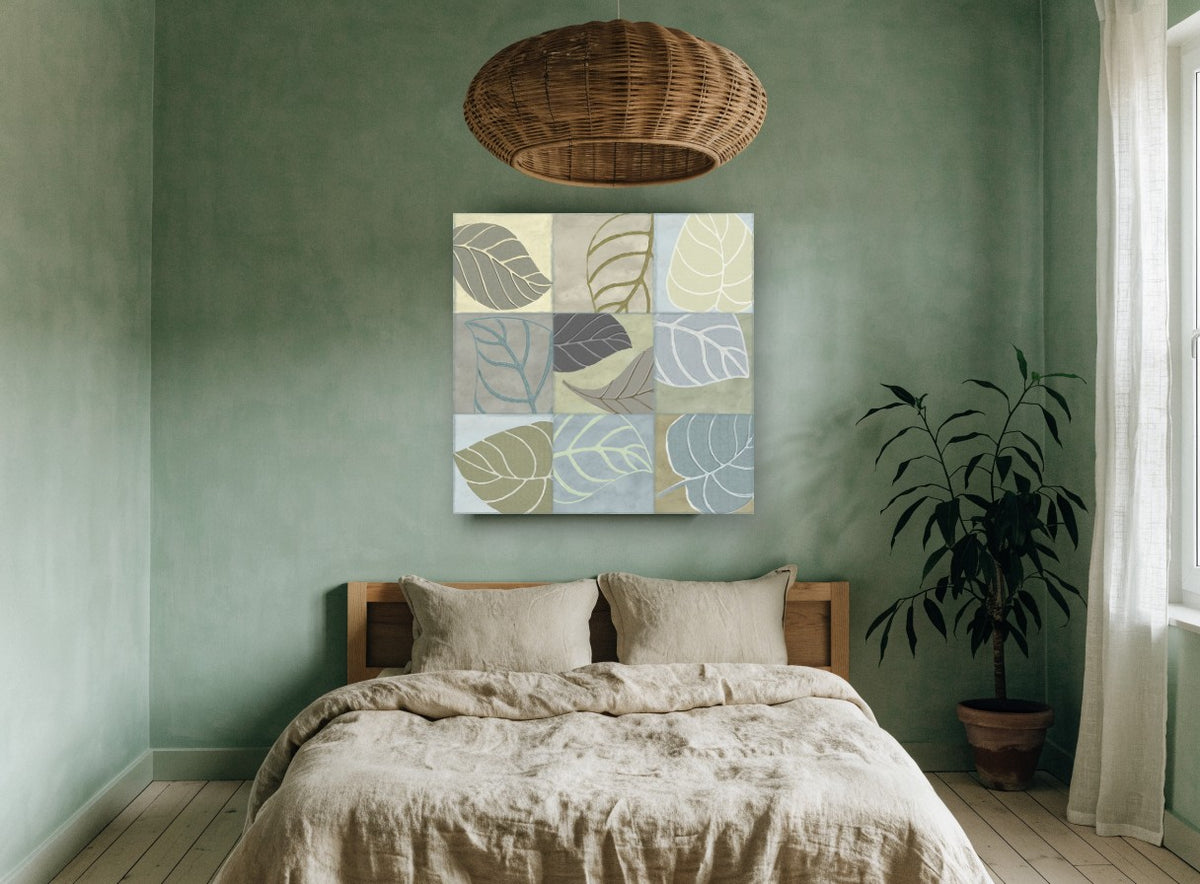Nine Soft Leaves floral canvas print on the wall of a bedroom