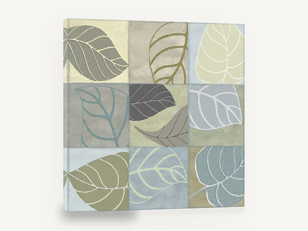 Nine Soft Leaves, pastel leaf grid botanical illustration, floral canvas wall art print ready to hang