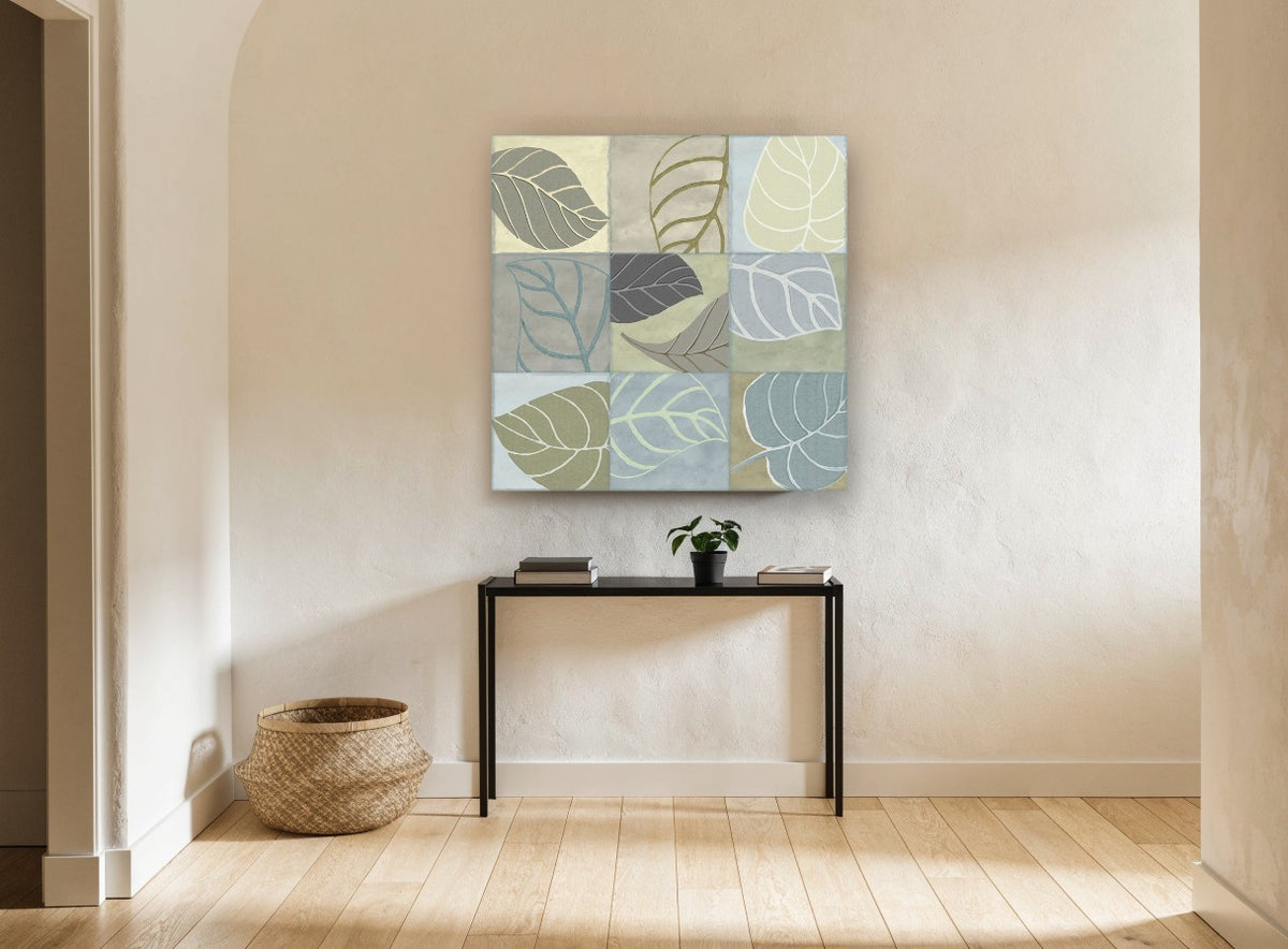 Nine Soft Leaves floral canvas print on the wall of a hallway