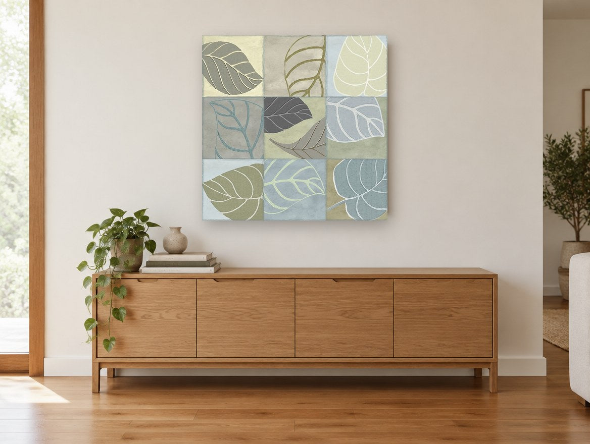 Nine Soft Leaves floral canvas print on the wall of a living room above a sideboard