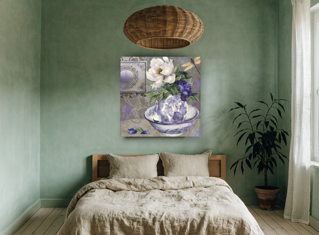 Peony Pitcher and Dragonfly floral canvas print on the wall of a bedroom