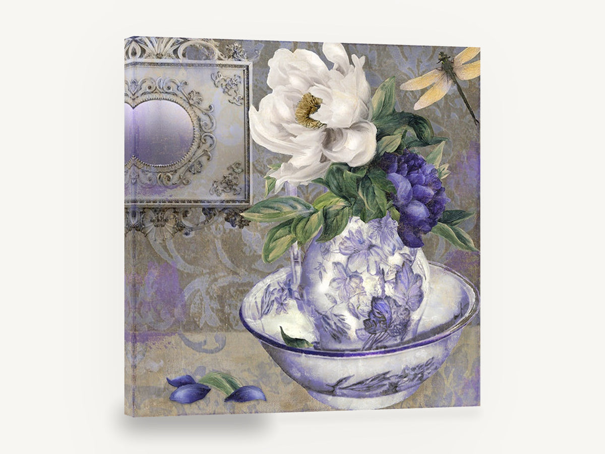 Peony Pitcher and Dragonfly, white peony blue pitcher still life, floral canvas wall art print ready to hang