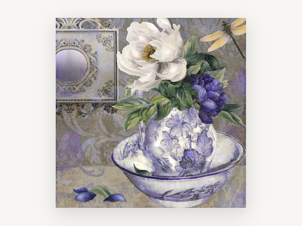 Peony Pitcher and Dragonfly, floral canvas wall art print, front view
