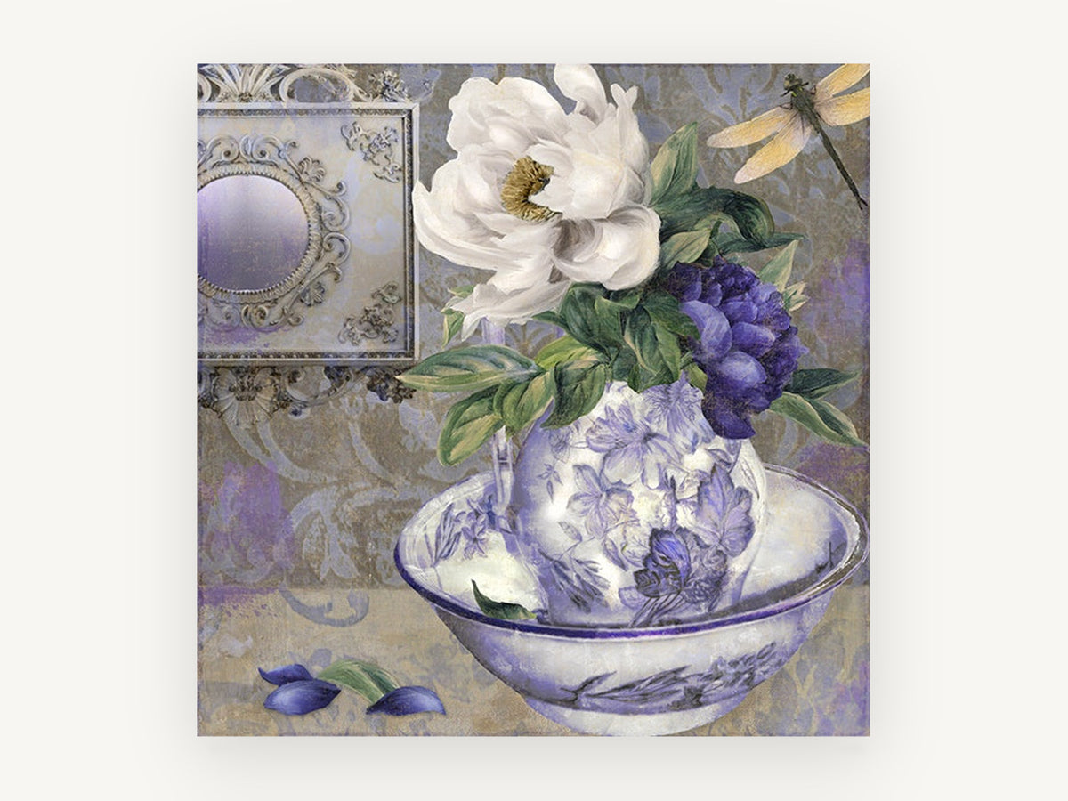 Peony Pitcher and Dragonfly, floral canvas wall art print, front view