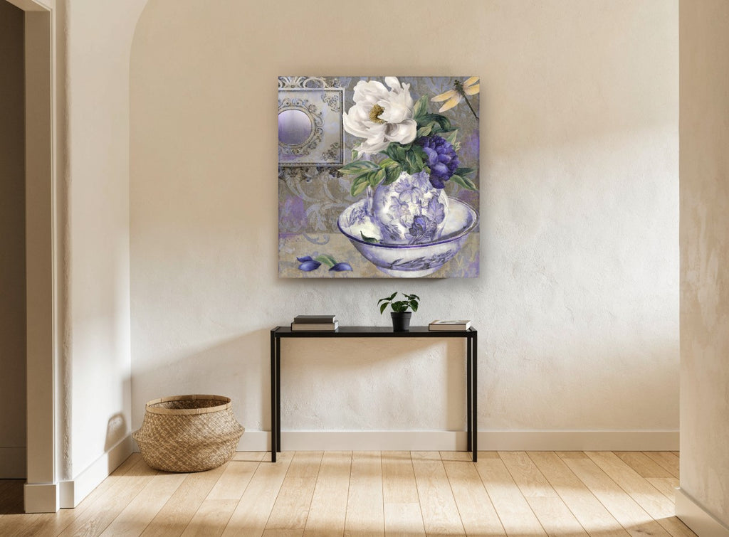 Peony Pitcher and Dragonfly floral canvas print on the wall of a hallway