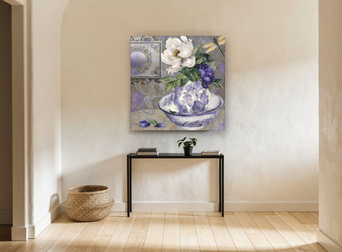 Peony Pitcher and Dragonfly floral canvas print on the wall of a hallway