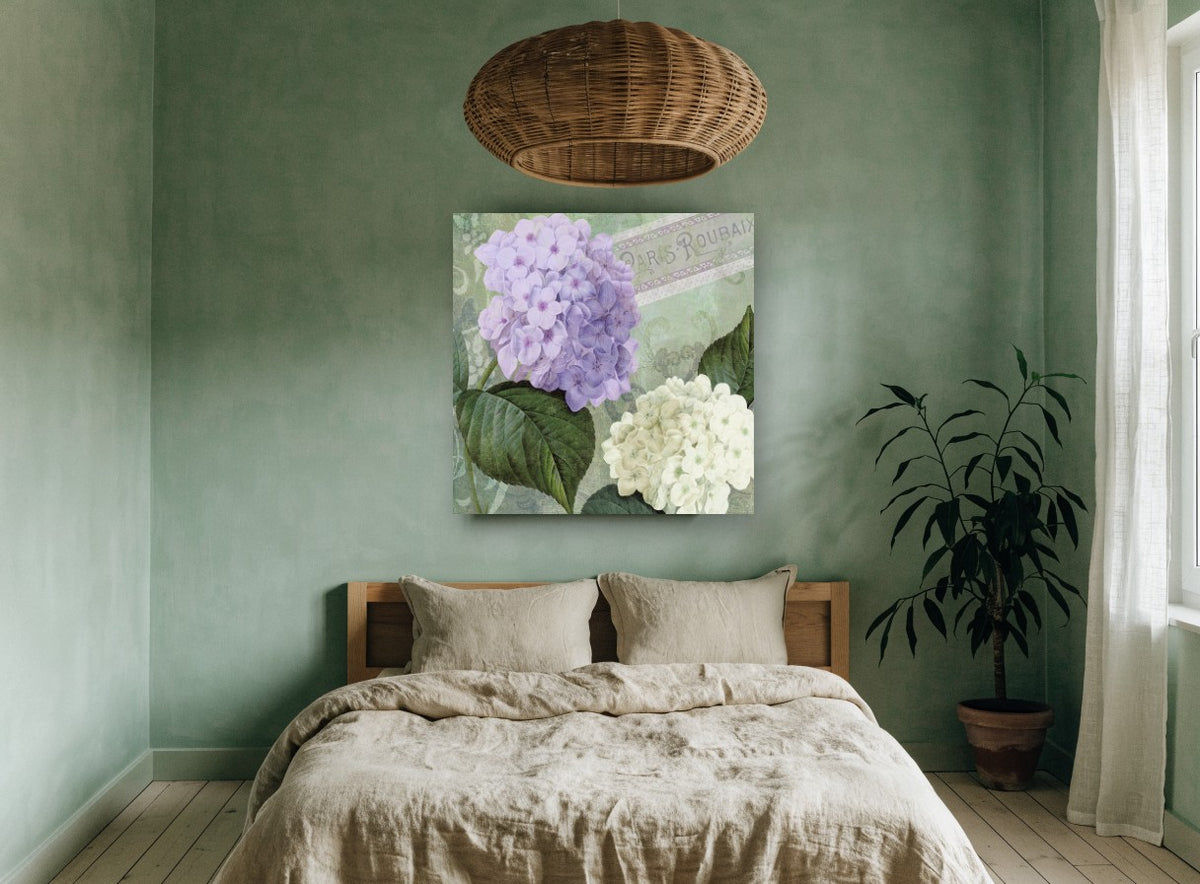Lilac and White Hydrangeas floral canvas print on the wall of a bedroom