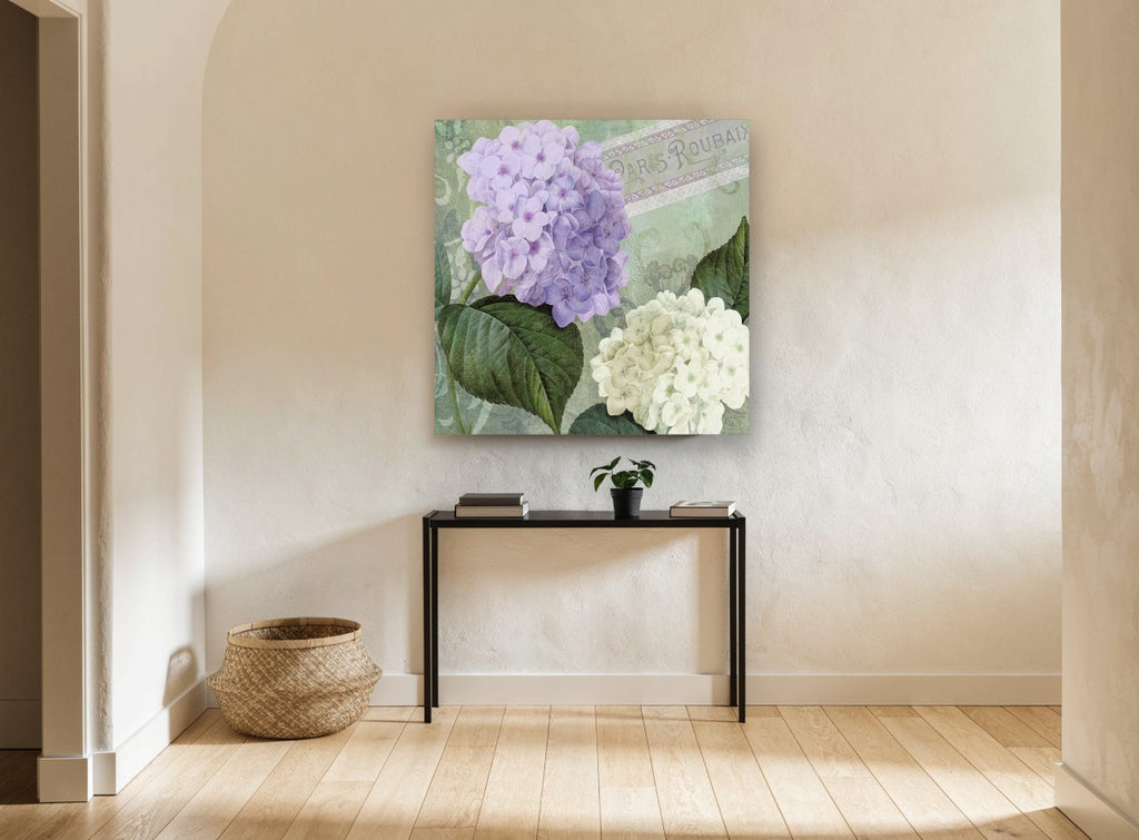Lilac and White Hydrangeas floral canvas print on the wall of a hallway