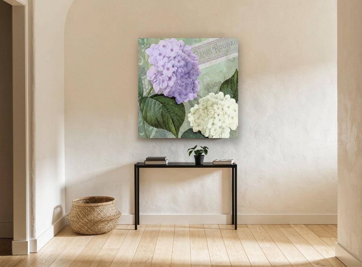 Lilac and White Hydrangeas floral canvas print on the wall of a hallway