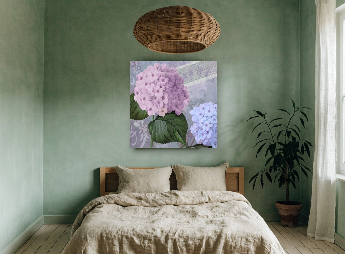 Lilac Hydrangea Postcard floral canvas print on the wall of a bedroom